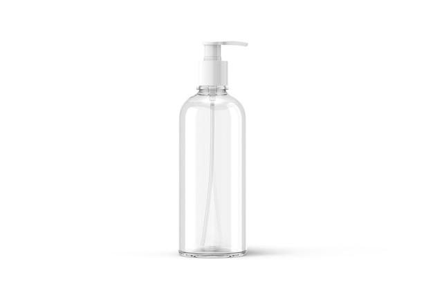 Una botella de jabón de vidrio transparente con un fondo blanco.
