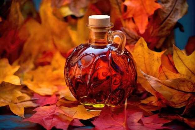 Botella de jarabe con hojas de otoño vibrantes