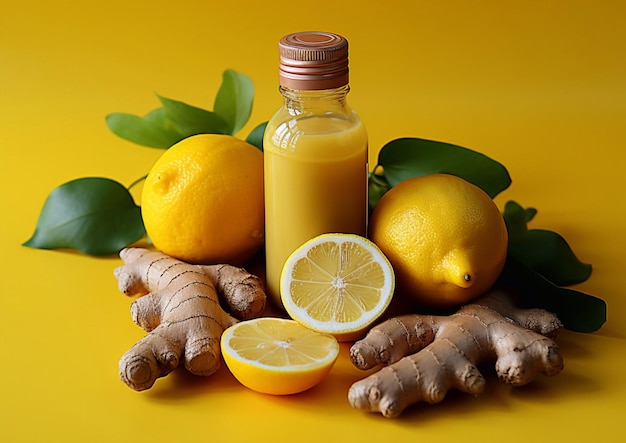 Botella de jugo de jengibre, limón y cúrcuma con ingredientes sobre fondo amarilloAI generativo