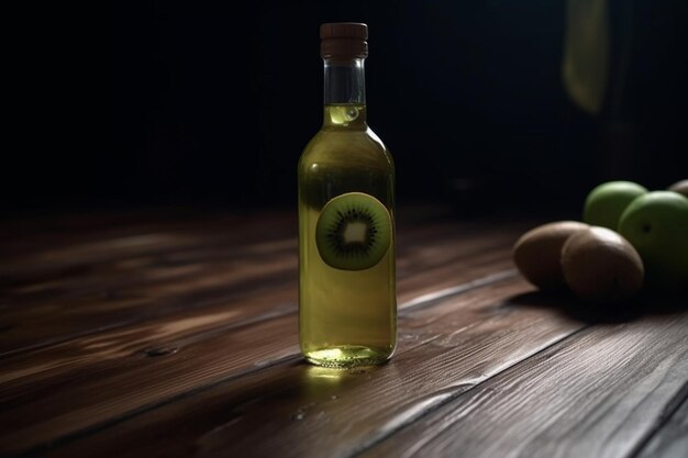 botella de jugo de kiwi en piso oscuro