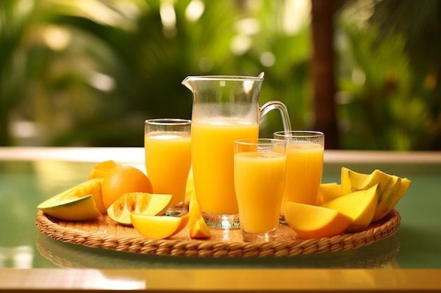 Una botella de jugo de mango colocada en una bandeja de tema tropical con conchas marinas y hojas de palma