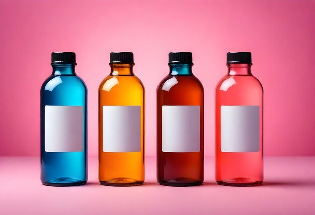 Foto botella de jugo material químico droga maquillaje colorido frente al escenario etiqueta blanca vacía