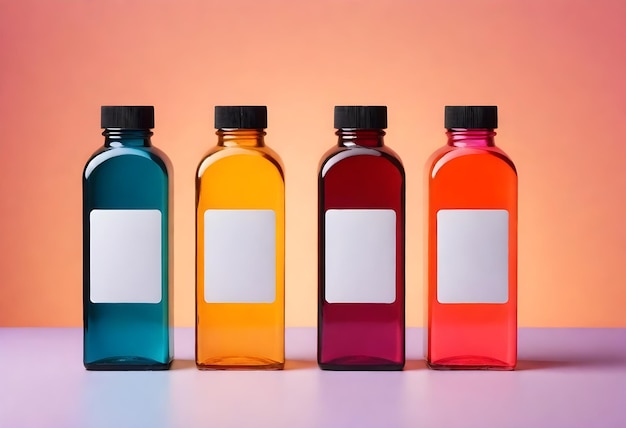 Foto botella de jugo material químico droga maquillaje colorido frente al escenario etiqueta blanca vacía