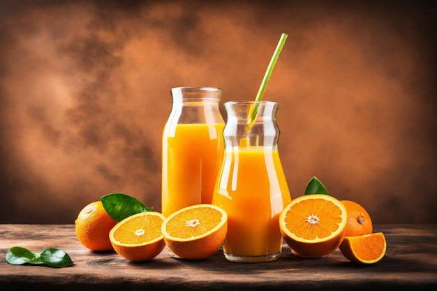 una botella de jugo de naranja al lado de dos botellas de jugo De naranja