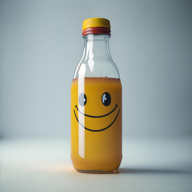 Una botella de jugo de naranja con una cara sonriente en el frente.