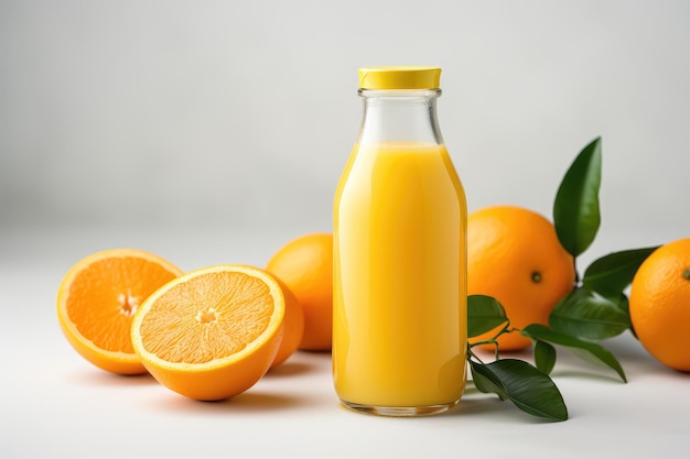Botella de jugo de naranja fresco y una naranja en un fondo blanco aislado