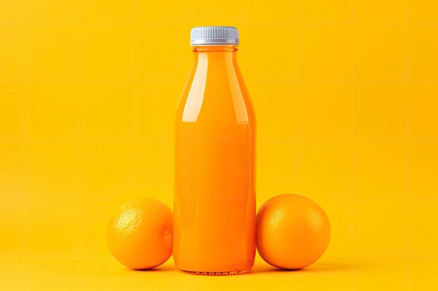 Botella de jugo de naranja sobre fondo naranja