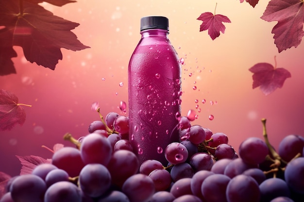 Una botella de jugo de uva en una superficie de madera rústica con vides en el fondo