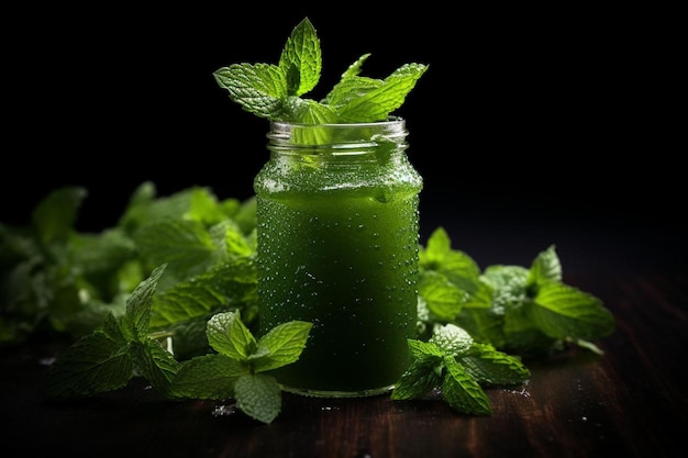 Botella de jugo verde con hojas de menta frescas