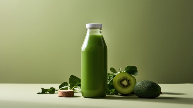 Foto una botella de jugo verde con kiwi y hojas de ai