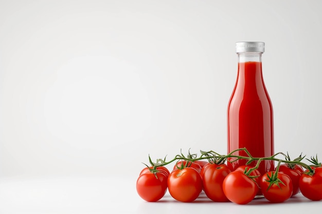 Foto una botella de ketchup de tomate junto a un montón de tomates