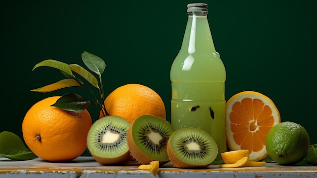 Una botella de kiwi está al lado de algunas naranjas.