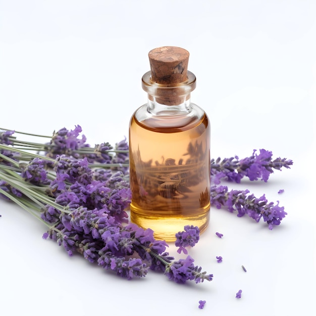 Una botella de lavanda junto a un ramo de lavanda.