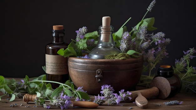 Una botella de lavanda se sienta al lado de una botella de lavanda.