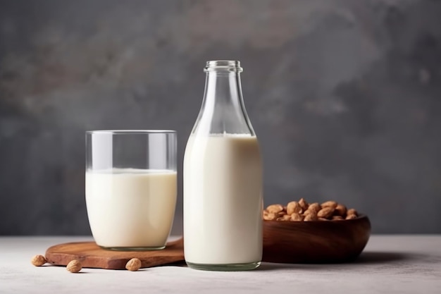 Una botella de leche de almendras y un plato de almendras.