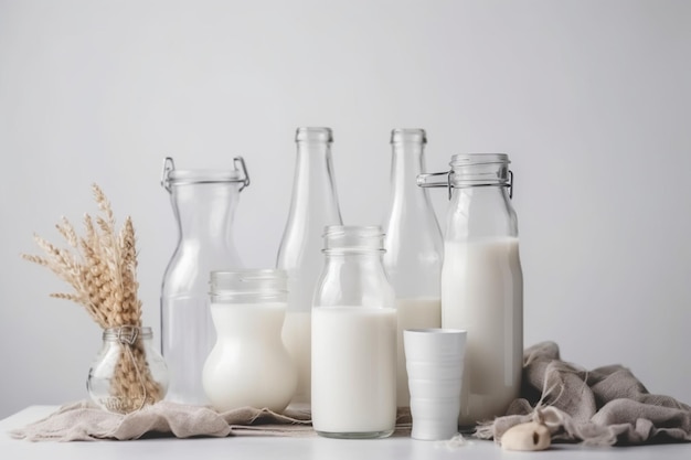 Botella de leche y arreglo de vidrio con fondo blanco.