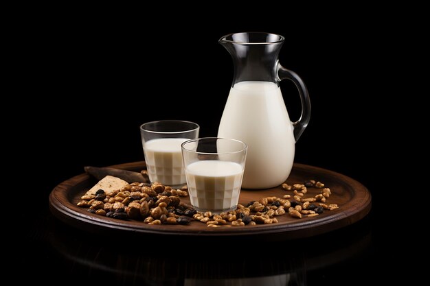 Botella de leche con cereales para el desayuno