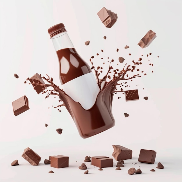 Foto botella de leche de chocolate con salpicaduras y pedazos de chocolate alrededor