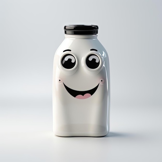 una botella de leche de dibujos animados con ojos grandes y abierta al estilo de vray