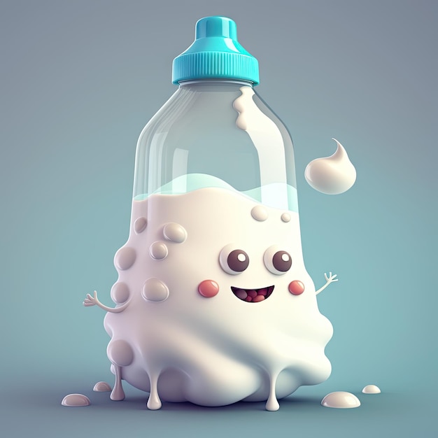 Botella de leche feliz de dibujos animados con cara linda ilustración de personaje generada por ai Botella de alimentos lácteos con salpicaduras blancas Personaje de desayuno con expresión alegre Nutrición producto de lactosa