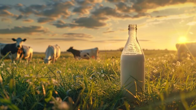 Una botella de leche fresca en un campo de hierba