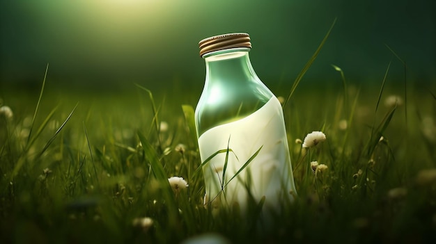 Botella de leche fresca en un fondo de hierba verde Producto lácteo orgánico IA generativa