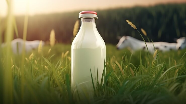 Una botella de leche fresca en una granja de verano soleada pradera hierba naturaleza y plantas Ai generativo