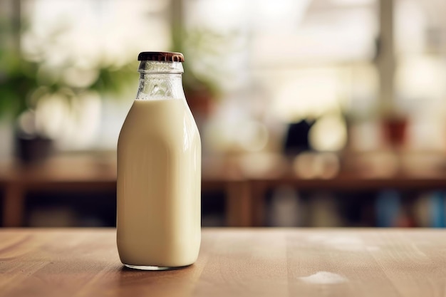 Foto botella de leche fresca en una mesa de madera