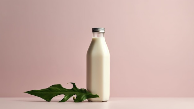 Una botella de leche con una hoja verde al lado.