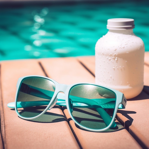 Una botella de leche junto a unas gafas de sol.