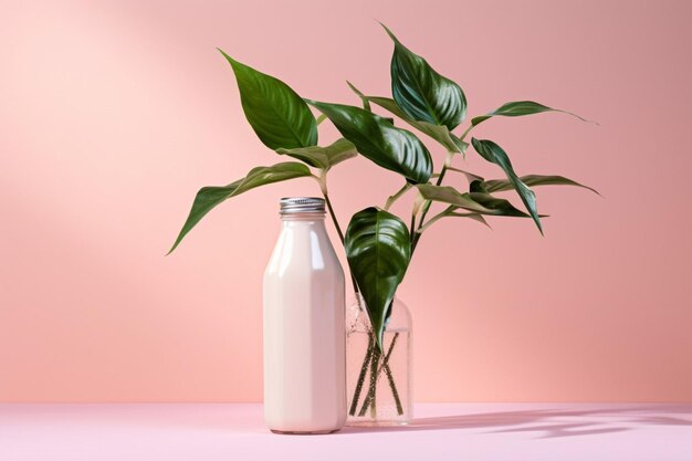 Una botella de leche junto a una planta sobre un fondo rosa.