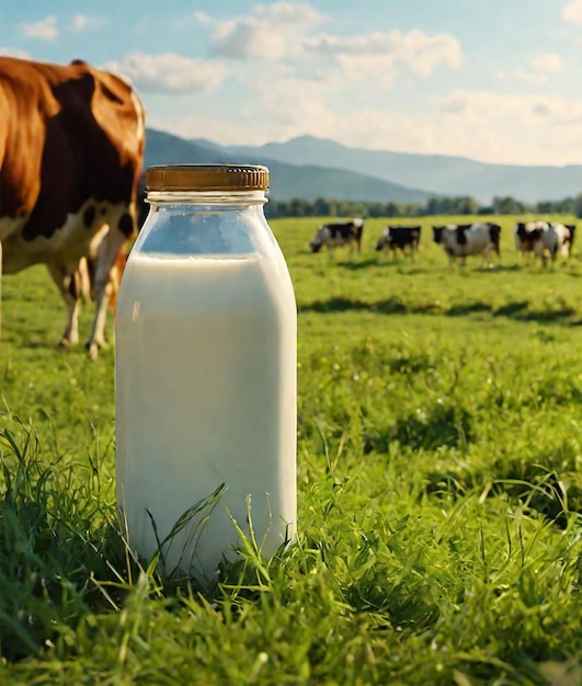 Una botella de leche en una lechería de campo de hierba