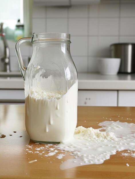 Botella de leche mal abierta en la cocina doméstica