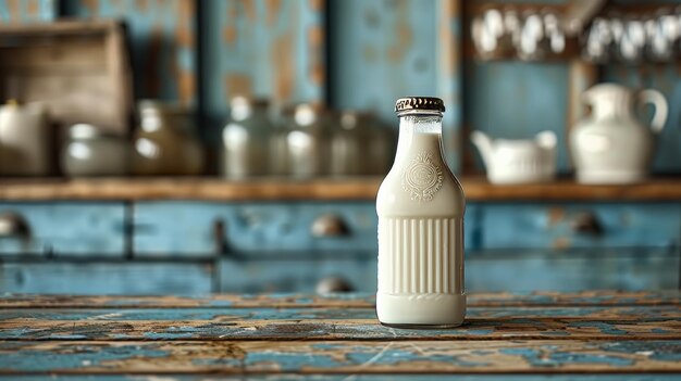 Foto botella de leche en una mesa de madera