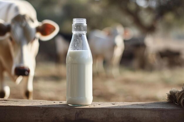 una botella de leche sentada en la parte superior de una mesa de madera.