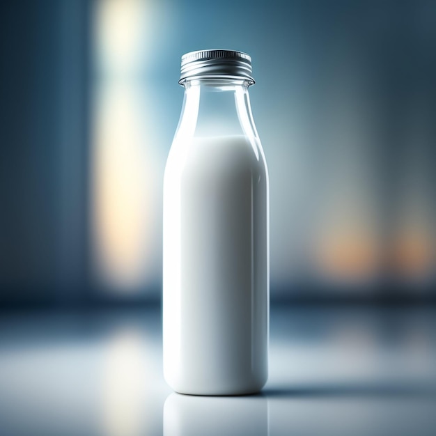 Una botella de leche con una tapa plateada.