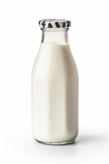 Una botella de leche con una tapa de vidrio que dice "leche"
