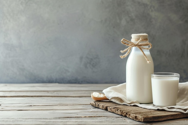 Botella de leche y vaso con escamas de avena en una mesa de madera con IA generada