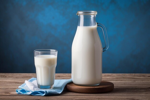 Una botella de leche y un vaso de leche en una mesa de madera sobre un fondo azul