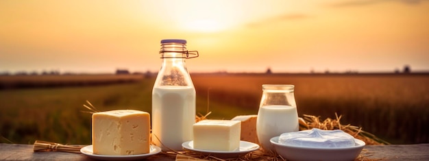 Una botella de leche un vaso de leche y un plato de queso en una mesa frente a un campo de vacas IA generativa