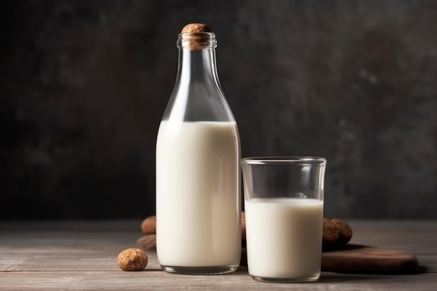 Una botella de leche y un vaso de leche sobre una mesa de madera