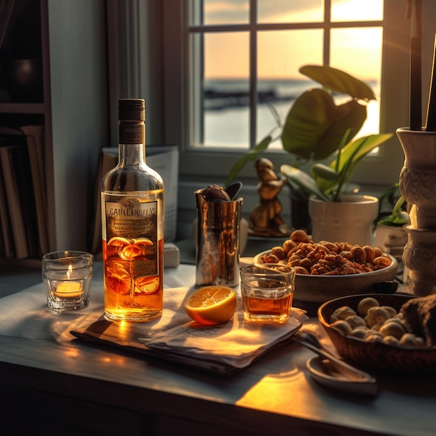 Una botella de licor está sobre una mesa con una copa de vino y un vaso de jugo de naranja.