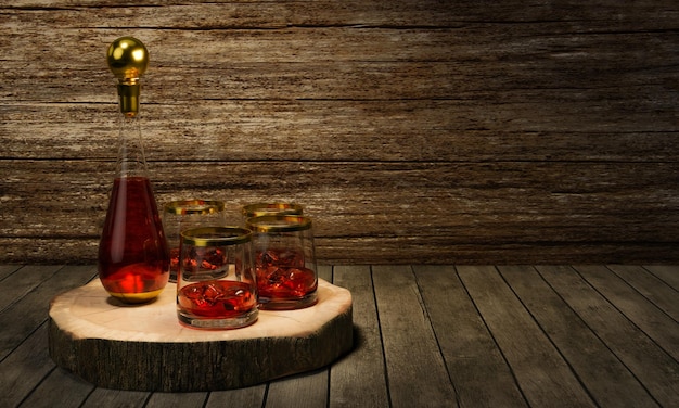 Foto botella de licor de lujo o botella de whisky tapa en forma de diamante con una franja dorada y tener una botella llena de bebida un vaso de whisky transparente con licor en el vaso renderización 3d