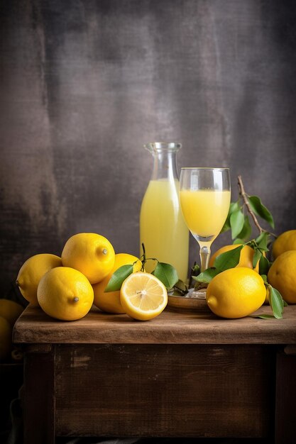 Foto una botella de limoncello y limón en un fondo rústico claro licor de limón