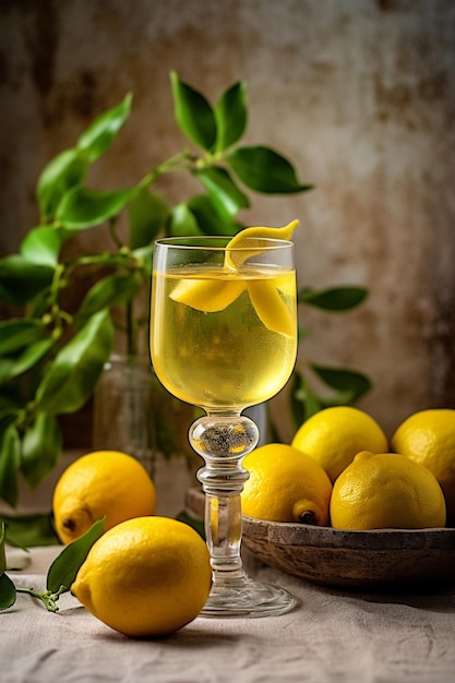 Foto una botella de limoncello y limón en un fondo rústico claro licor de limón