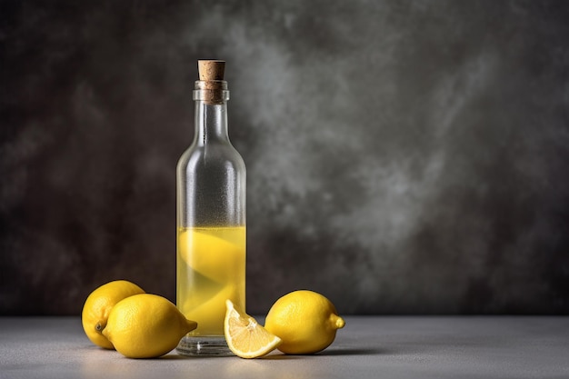 Una botella de limoncello y limón en un fondo rústico claro licor de limón