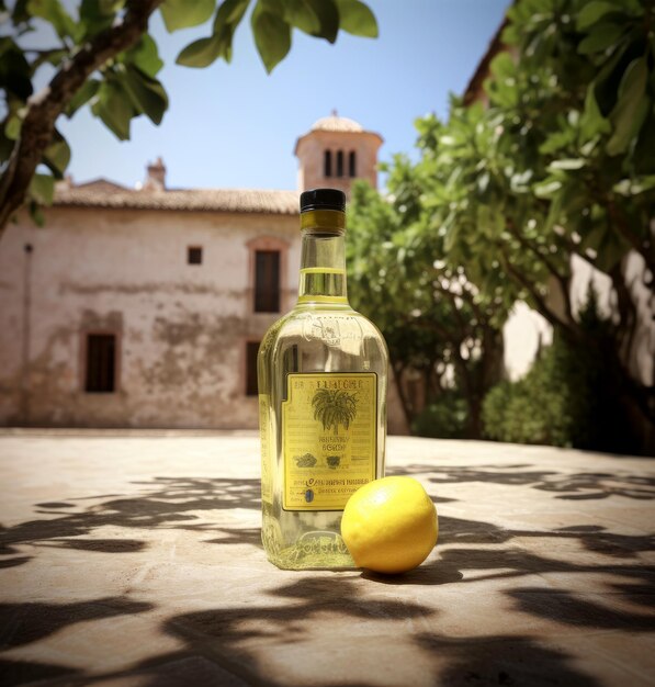 Foto botella de limoncello en un patio