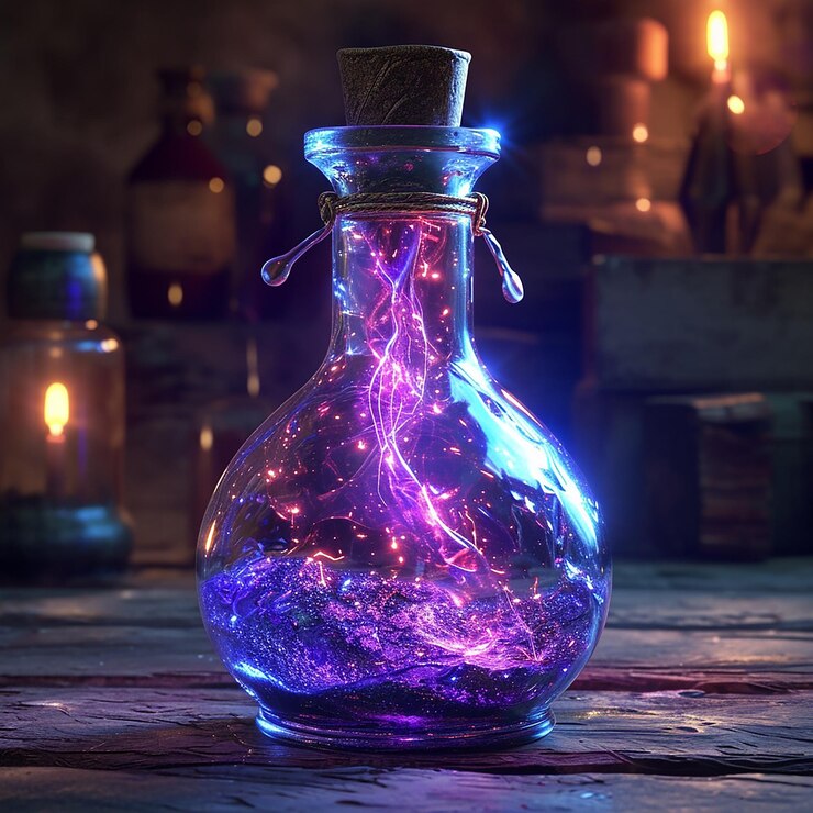 Foto una botella con un líquido azul en el interior y una luz azul en la parte superior
