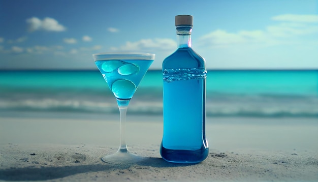 Una botella de líquido azul junto a una copa de martini en la playa