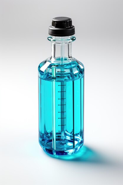 Una botella de líquido azul sobre una imagen de ai generativa de superficie blanca